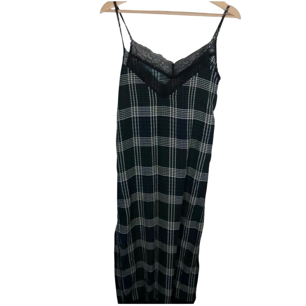 Fashion Nova- Green/Blue Plaid Midi Slip Dress Silky Size XS Lace Side Slit
